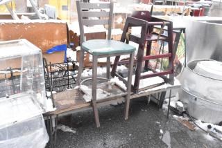 4-item set: bar height chair, high chair, and two benches on outdoor display with snow. Used condition.