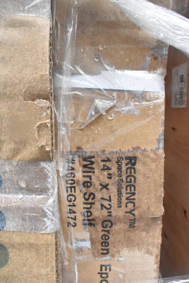 Regency wire shelf, 14x72, green epoxy, new with minor scratches and dents, item code #460EG1472, wrapped in plastic.