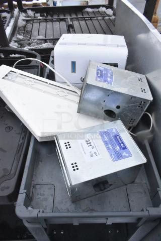 Four items including metal mouse traps, bug zapper, and Ecolab water booster in used condition. Labels indicate Ketch-All brand and model details.