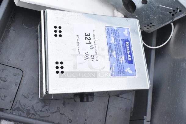 Ketch-All mousetrap with vent holes and label, silver metal, in good condition. Auction details on tag.