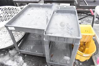 Gray 2-tier poly cart on commercial casters, visibly wet, used condition. Tag marked "324." Ideal for storage or transport.