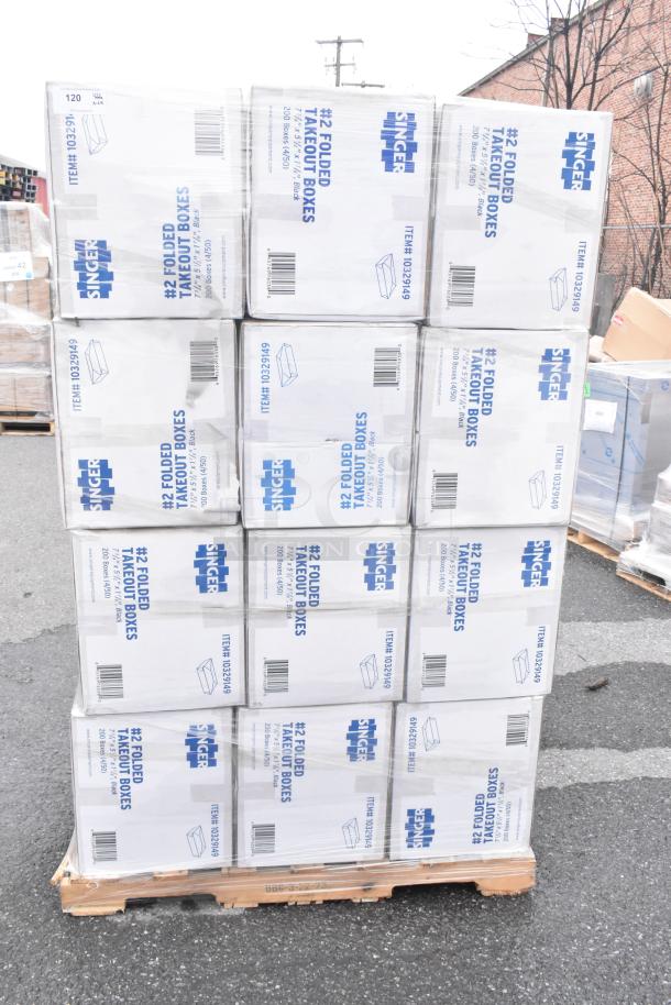 Stack of 24 boxes of Singer #2 Folded Takeout Boxes, item #10329149, size 7-1/4"x5-1/2"x1-7/8", scratch and dent condition.