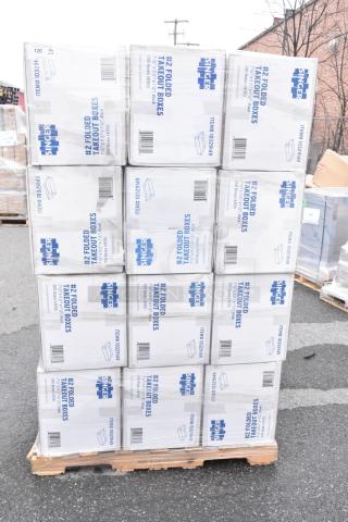 Stack of 24 boxes of Singer #2 Folded Takeout Boxes, item #10329149, size 7-1/4"x5-1/2"x1-7/8", scratch and dent condition.