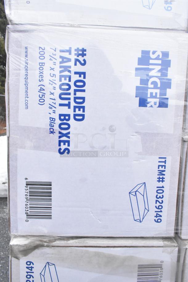 24 new Singer 10329149 #2 folded takeout boxes, 7-3/4"x5-1/2"x1-7/8". Each box holds 200 units. Visible scratch and dent.