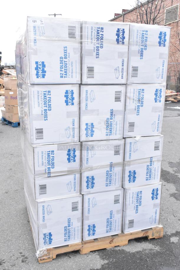 Pallet of 24 boxes of Singer #2 Folded Takeout Boxes, item 10329149, 7-3/4"x5-1/2"x1-7/8", new, scratch and dent condition.