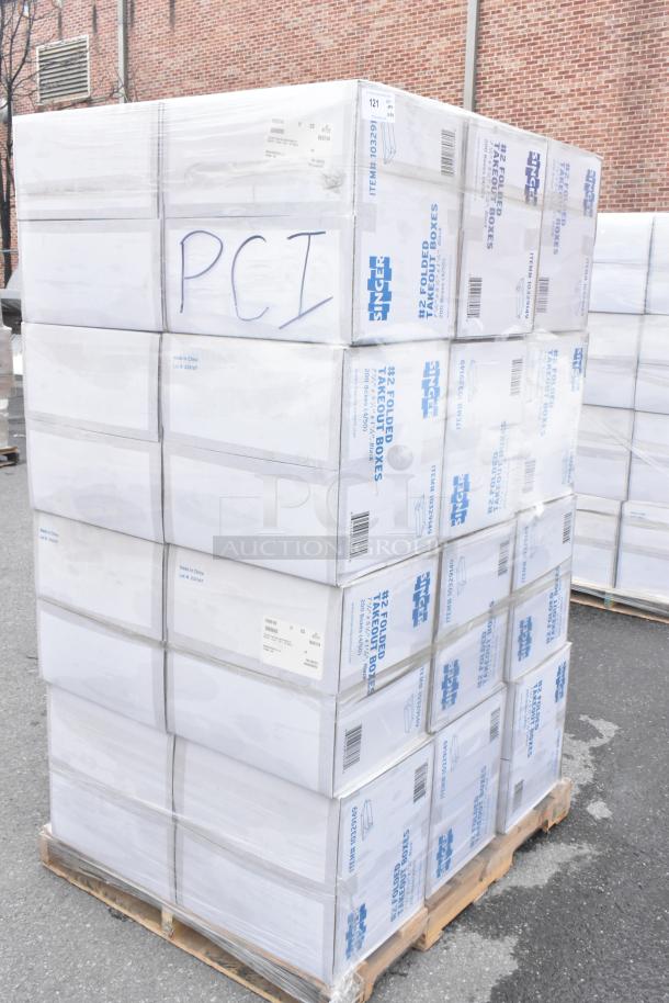24 boxes of Singer 10329149 #2 folded takeout boxes, 7-3/4"x5-1/2"x1-7/8", labeled "PCI," on a pallet.