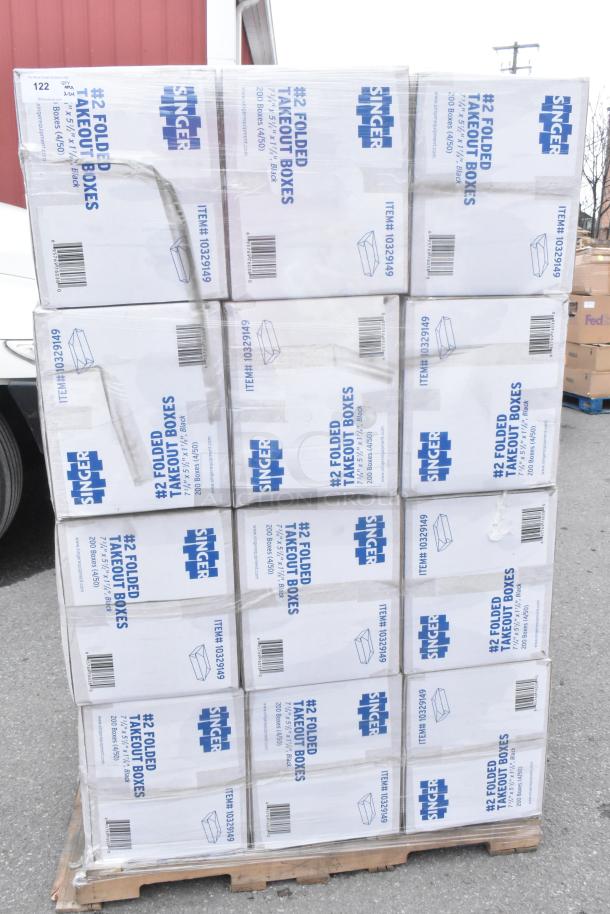24 new boxes of Singer #2 folded takeout boxes, 7-3/4"x5-1/2"x1-7/8", on a pallet. Item #10329149.