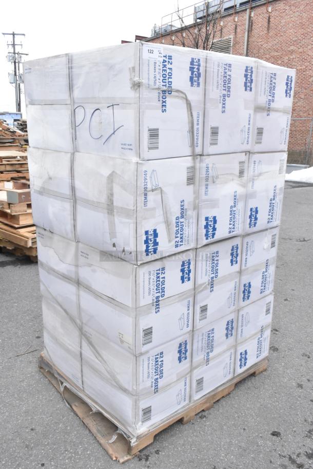Pallet with 24 boxes of Singer 10329149 #2 folded takeout boxes, 7-3/4"x5-1/2"x1-7/8", scratch and dent condition.