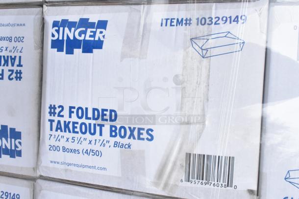 Singer #2 Folded Black Takeout Boxes, 24 new scratch and dent boxes, size 7-3/4"x5-1/2"x1-7/8", Item# 10329149.