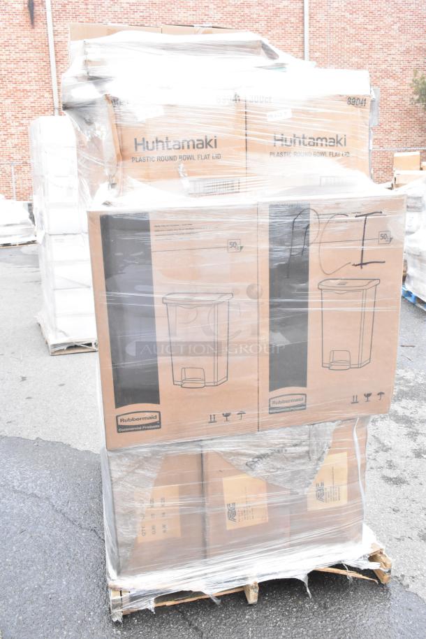 Pallet of 21 brand new scratch and dent items including Rubbermaid 52 Qt. trash cans, Huhtamaki lids, and American Metalcraft pizza peel, wrapped in plastic.