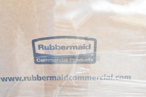 Cardboard box featuring Rubbermaid Commercial Products logo and URL, indicating new scratch and dent items.