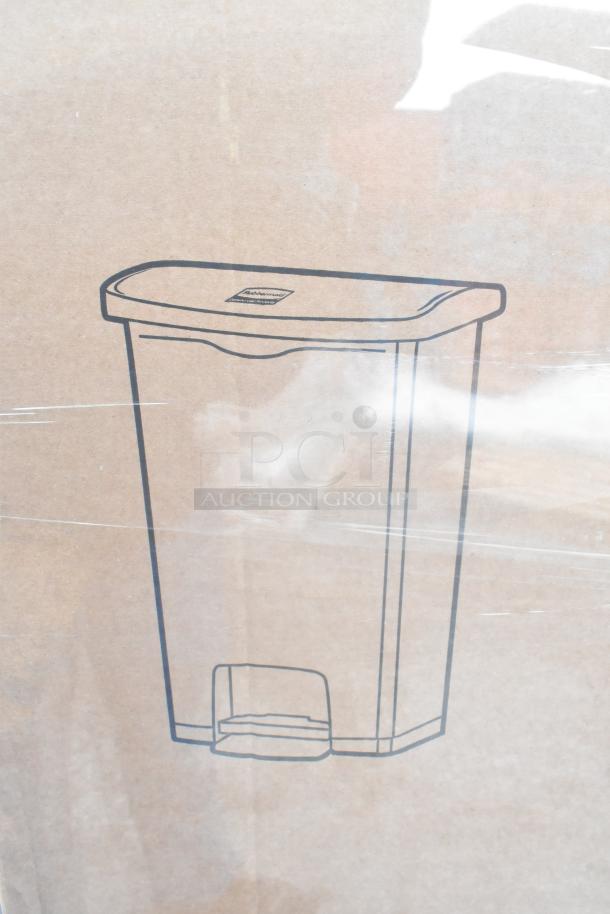 Rubbermaid Slim Jim Resin Front Step-On Trash Can, 52 Qt., new in box. Image of trash can on packaging.
