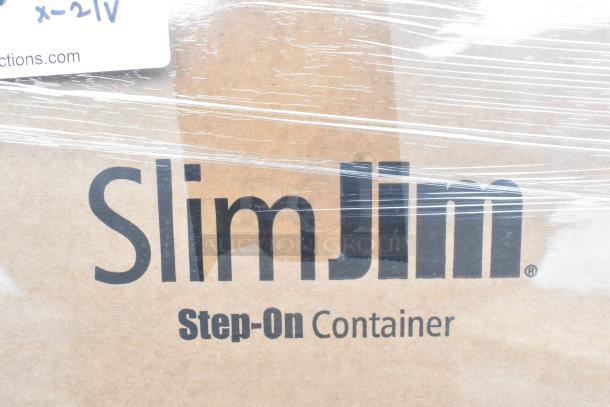 Rubbermaid Slim Jim Step-On Trash Can packaging, 52 Qt/13 Gal. Scratch and dent items in shrink wrap for auction.