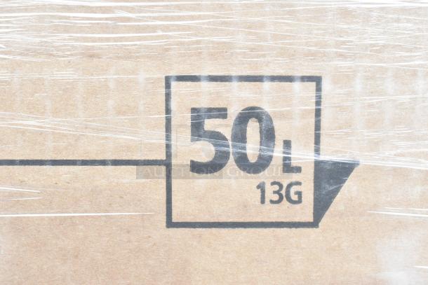 Packaging labeled "50L 13G," indicating a 52 Qt. capacity, possibly for a Rubbermaid trash can. Wrapped in clear plastic.