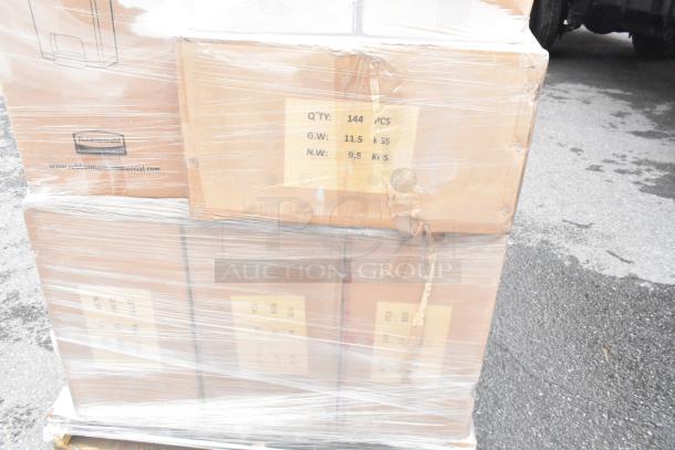 Sealed pallet of 21 brand new items including Rubbermaid trash can, Huhtamaki lids, and American Metalcraft pizza peel.