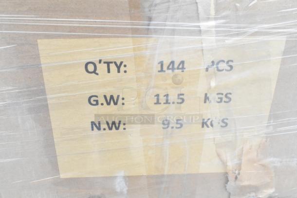 Shipping label on wrapped auction items showing 144 pieces, gross weight 11.5 kg, net weight 9.5 kg.