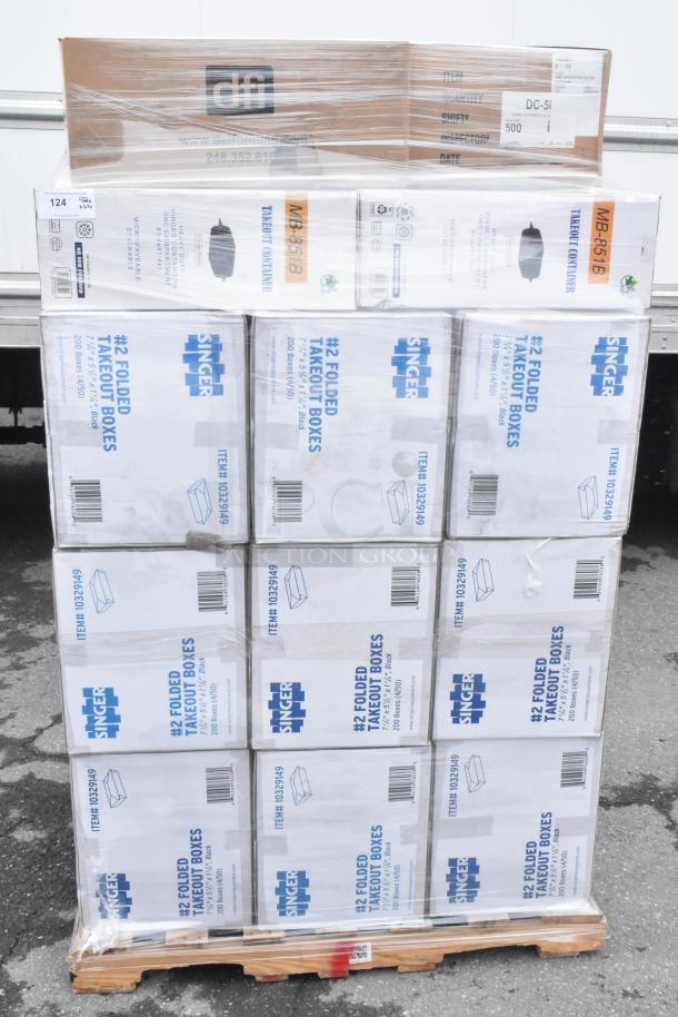 Pallet of 27 new scratch and dent items, including Singer #2 folded takeout boxes and DFI lids, in original packaging.