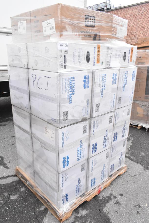 Pallet of 27 scratch and dent items including Singer #2 folded takeout boxes, MB-851B takeout containers, DFI DC-58 lids.