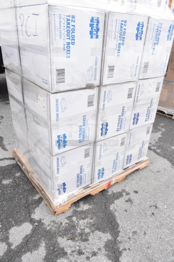 Stack of boxes containing Singer #2 Folded Takeout Boxes, item #10329149, new condition, on a pallet.