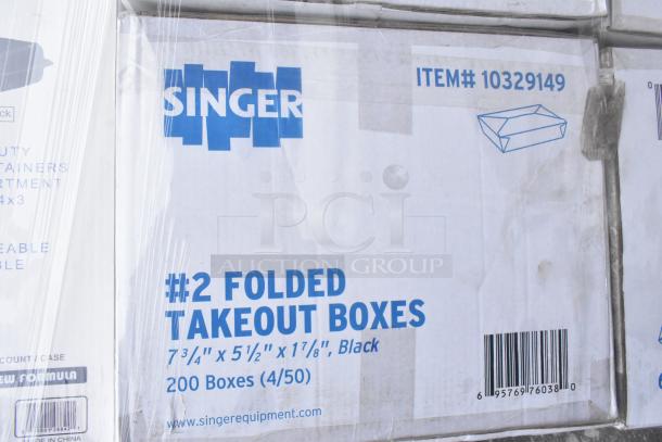 Singer 10329149 takeout boxes, 7-3/4"x5-1/2"x1-7/8", black, packaged in a sealed box.
