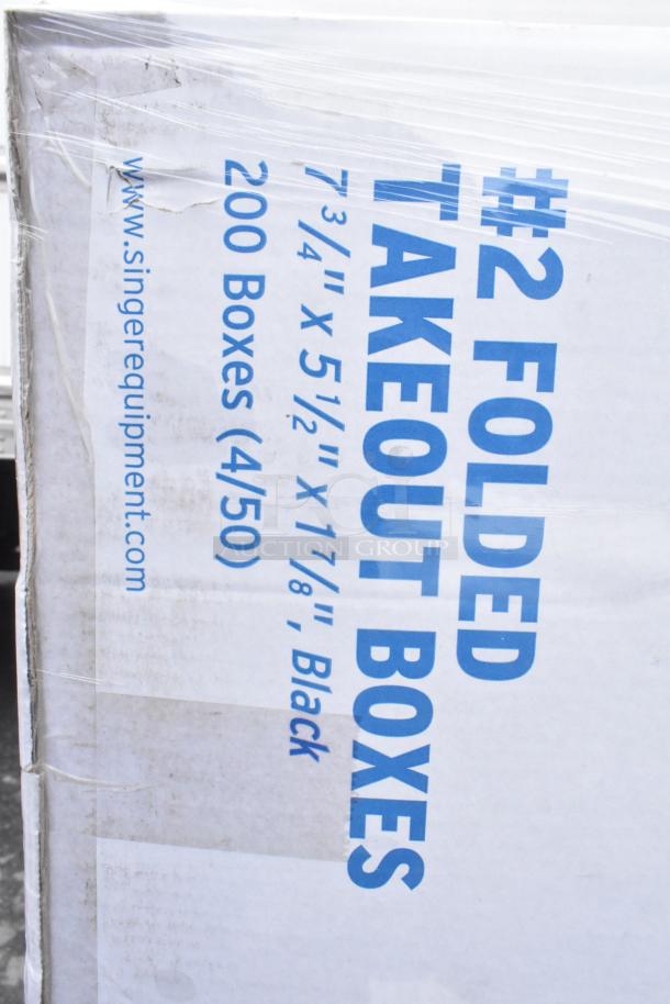 Box of #2 Folded Takeout Boxes, 7-3/4"x5-1/2"x1-7/8", marked "200 Boxes," new scratch and dent condition.