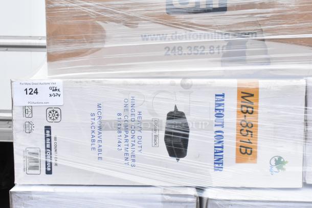 27 sealed boxes of MB-851B takeout containers, heavy-duty, 8-1/4"x8-1/4"x3", microwaveable, stackable, new condition.