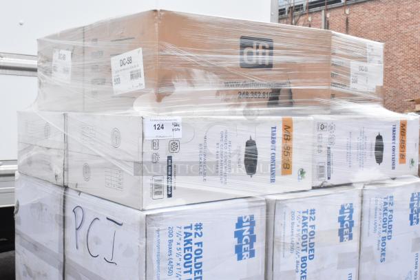 Stack of 27 brand new scratch and dent takeout items, including Singer #2 folded boxes, MB-851B containers, DFI DC-58 lids.