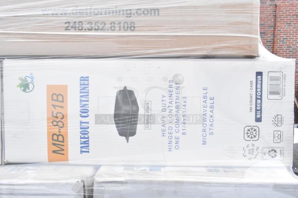 Stack of packaged MB-851B takeout containers. Glossy black, heavy-duty, microwaveable. Dimensions: 8-1/4"x8-1/4"x3". 180 count per case.