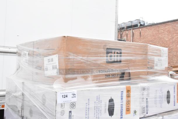 27 new scratch and dent items pallet wrapped. Includes Singer 10329149, MB-851B containers, DFI DC-58 lids.