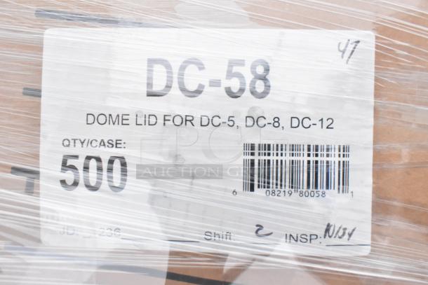 Dome lid label for DC-5, DC-8, DC-12. Quantity 500 per case. Wrapped in clear plastic.