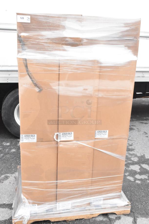 12 new boxes of ACRD2013BL25 20"x13" black rectangle tray/dome combos, scratch and dent, wrapped on a pallet.