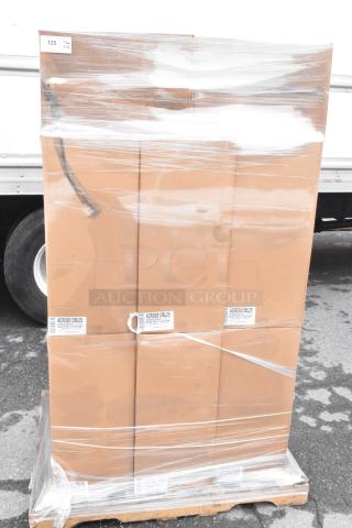 12 new boxes of ACRD2013BL25 20"x13" black rectangle tray/dome combos, scratch and dent, wrapped on a pallet.