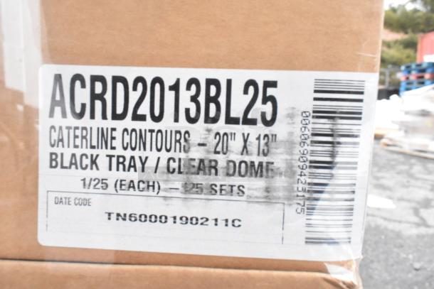 12 new boxes of ACRD2013BL25 trays, 20"x13", black trays with clear domes. Label shows "Caterline Contours."