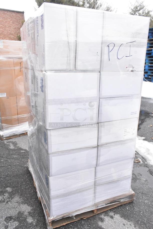 Stack of 24 Singer 10329149 folded takeout boxes, 7-3/4"x5-1/2"x1-7/8", scratch and dent condition, on a pallet.