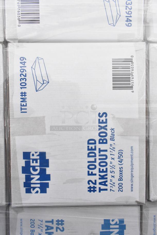 Singer #2 Folded Takeout Boxes, 24 new boxes, 7-3/4"x5-1/2"x1-7/8", item 10329149, box of 200. Scratch and dent condition.