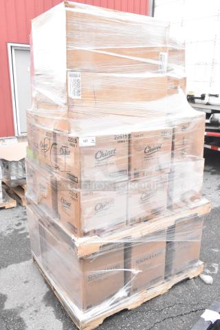 Pallet of 37 boxes including Chinet StrongHolder food trays and Vines plates, brand new, wrapped for auction.