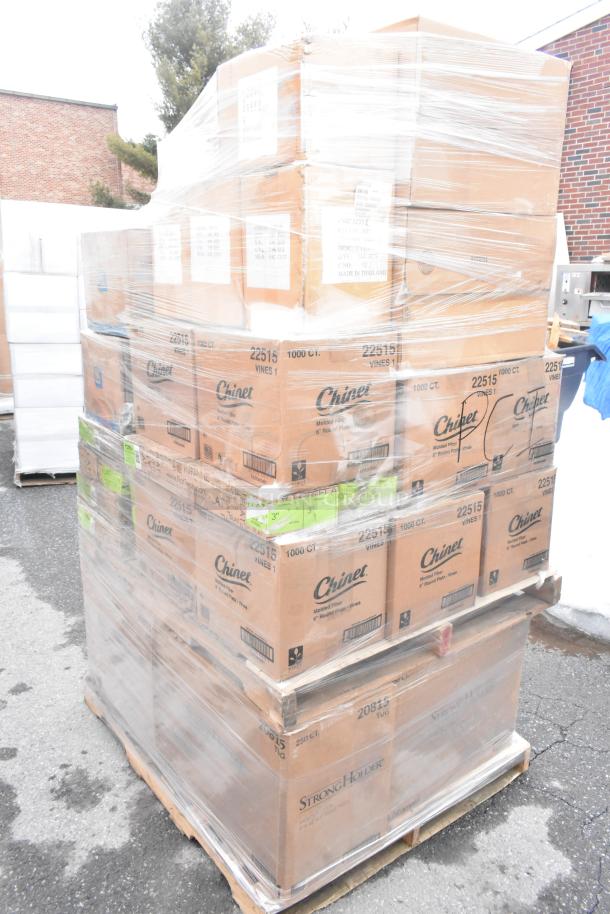 Pallet of 37 brand new boxes, including Chinet 20815 StrongHolder trays and Chinet 22515 Vines plates.