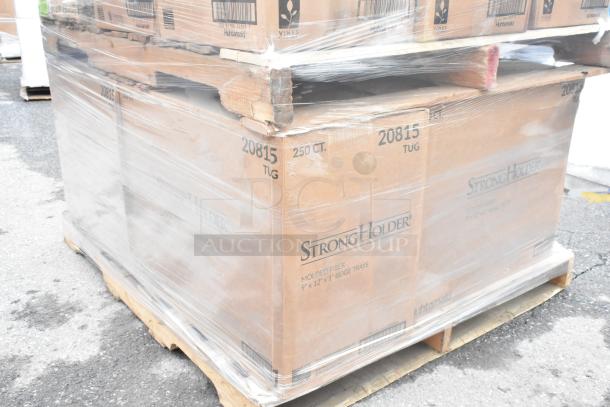 Pallet of 37 boxes, Chinet StrongHolder molded fiber trays, 9"x12"x1", new, in shrink wrap. Visible labels: "20815" and "250 CT".