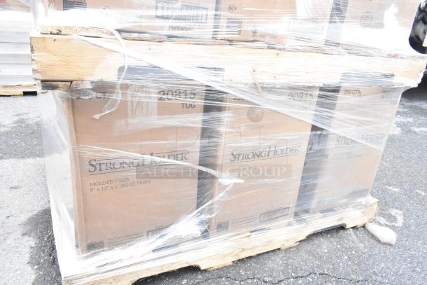 A pallet of 37 boxed Chinet StrongHolder 9"x12"x1" molded fiber trays, brand new, wrapped in plastic, scratch and dent condition.
