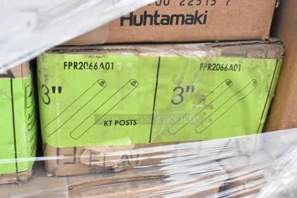 37 boxes of Chinet items and KT posts. Labeled "FPR2066A01," "3 inch," and "Huhtamaki." Condition: new scratch and dent.