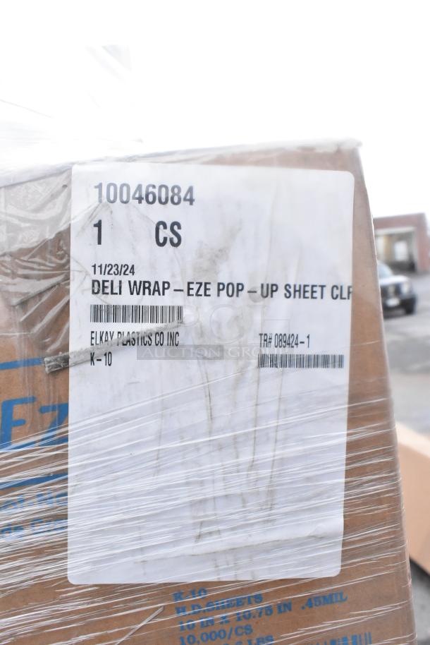 Boxes with labels indicating contents of Deli Wrap Eze Pop-Up Sheets by Elkay Plastics Co Inc, wrapped for shipping.
