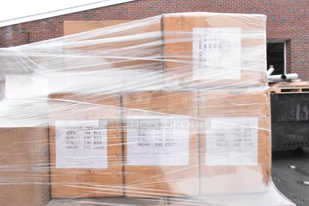 37 boxes of Chinet 20815 StrongHolder trays, Chinet 22515 Vines plates wrapped in plastic. Labels show 144 pcs per box.