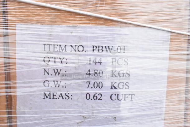 Plastic-wrapped label showing item no. PBW-01, quantity 144 pcs, net weight 4.80 kg, gross weight 7.00 kg, volume 0.62 cuft.