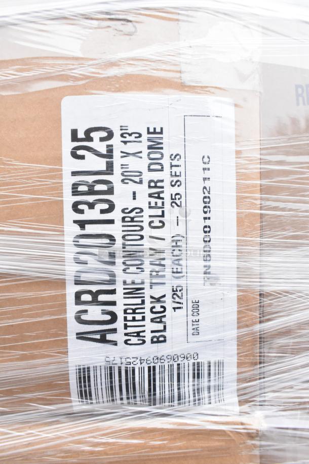 Plastic-wrapped boxes labeled "ACRD2013BL25 Caterline Contours" with a barcode, indicating 20"x13" black tray with clear dome sets.