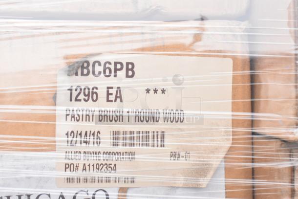 Plastic-wrapped boxes labeled "Pastry Brush 1' Round Wood, 1296 EA," dated 12/14/16, from Allied Buying Corporation.