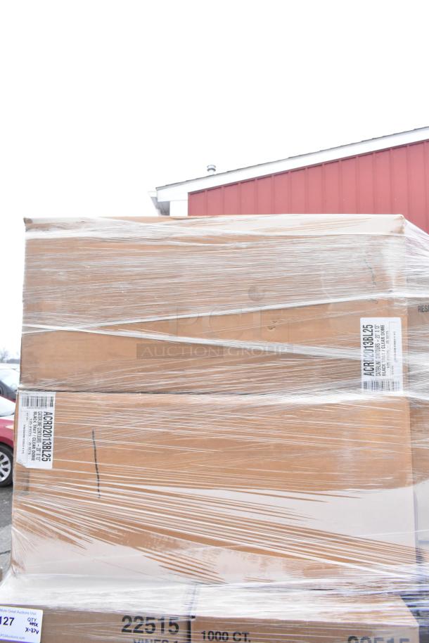 Stacked boxes of Chinet paper products, wrapped in plastic film. Labels indicate model 22515, 1000 CT. Scratch and dent condition.