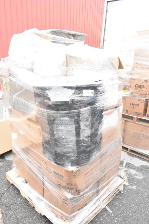 29 boxes of WNA Caterline plastic bowls, Uline funnels, Rubbermaid containers. New, in original packaging, on a pallet.