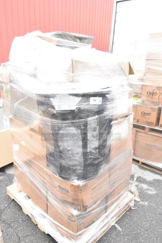 29 boxes of WNA Caterline plastic bowls, Uline funnels, Rubbermaid containers. New, in original packaging, on a pallet.