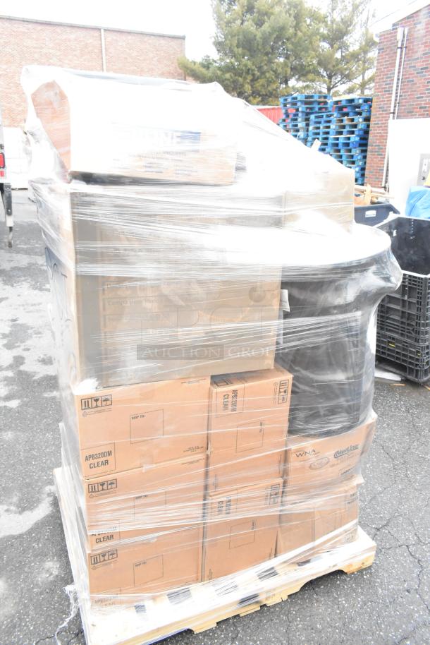29 boxes of WNA APB320DM plastic bowls, Uline H-5217 funnels, Rubbermaid FG352600 containers. New, pallet wrapped.