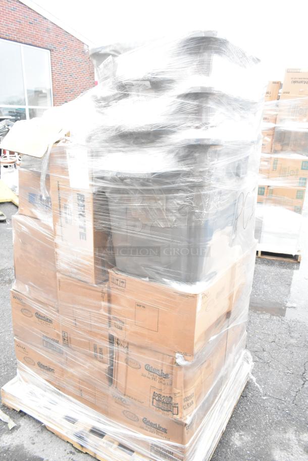 Pallet with 29 boxes of Caterline Pack n Serve plastic bowls, lids, Uline H-5217 funnels, and Rubbermaid gray Brute containers, wrapped in plastic.